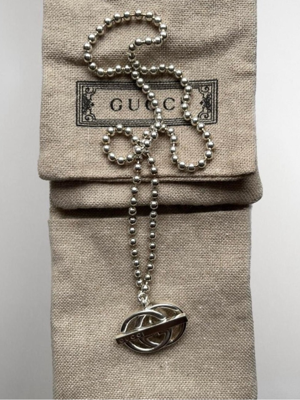 New w Box Gucci Silver Interlocking G Pendant Necklace w Beaded Chain 40/41cm